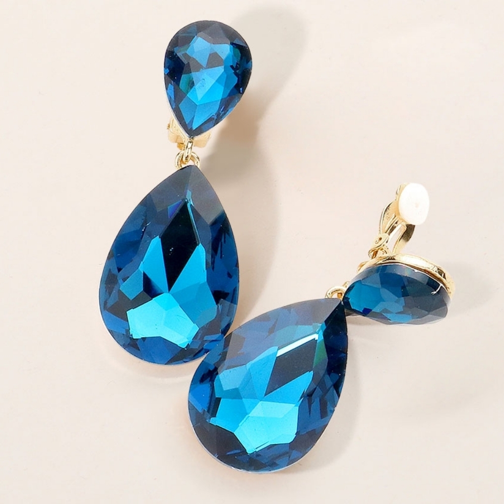 Blue Dangle Crystal Clip On Earrings 2 Inches Double Tear Drop ClipOns Jewelry